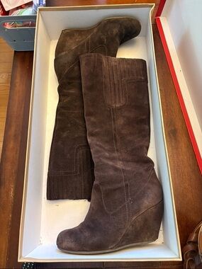 Brown Suede Knee-High Wedge Boots